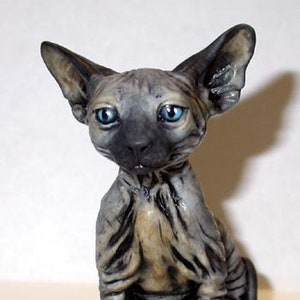 Artist Neil Eyre Eyredesigns Sphynx Cat Kitten Kitty Black Blue Grey Blue Eyes Sitting Fully Hand made USA Sculpture Limited Edition Signed