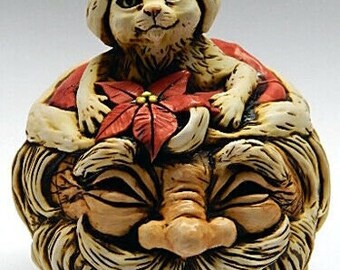 Neil Eyre Artist Eyre Designs Christmas Poinsettia Santa Tea light battery light hat Candle Lantern Cat Kitten USA MADE signed numbered