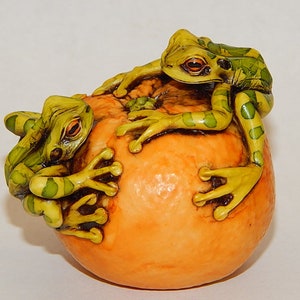 May include: Two green frogs with yellow spots are perched on a large orange fruit. The frogs have large, black eyes and are positioned on opposite sides of the fruit.