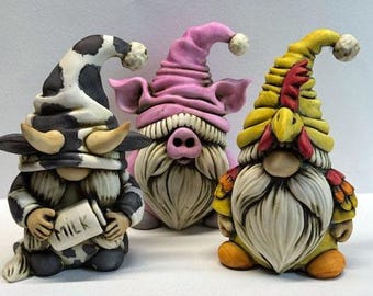 Artist Neil Eyre Eyredesigns Gnome Gonk Farm Animal Barn Yard Milk Cow Calf Pig Piggy Chicken Chick Rooster Handmade USA signed and numbered