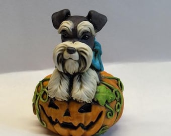 Neil Eyre Artist EyreDesigns Black White Schnauzer Salt Pepper Flop Fold Ear  Halloween Pumpkin Patch Bandanna Dog Puppy HANDMADE USA