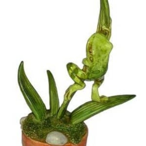 Può includere: Una statuetta di rana verde appollaiata su una pianta verde, con una piccola mosca sul gambo della pianta. La pianta è in un vaso di terracotta con muschio verde e pietre bianche.