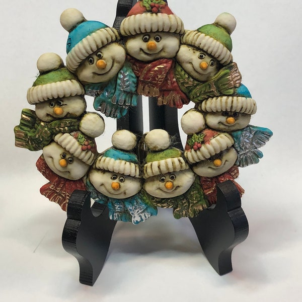 Neil Eyre Artist Eyre Designs Lg Christmas Holiday Wreath Winter Snow Snowman Snowmen Hat Scarf Gold silver leaf Magnet Display USA MADE