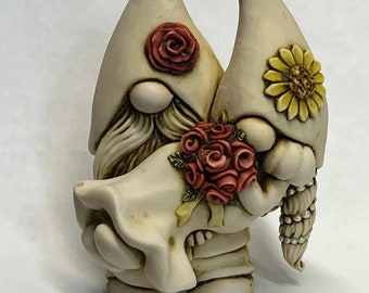 Artist Neil Eyre Eyredesigns Gnome Cake topper Spring Wildflower Sunflower Red Rose Flower Wedding Bride Groom Top Hat Tails Pearls Gift USA