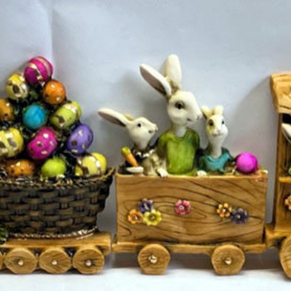 Artist Neil Eyre Eyredesigns Easter Trains set 11" Bunny Rabbit Rabbits eggs egg Flower  Gold Leaf Handmade USA