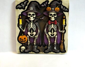 Neil Eyre Eyredesigns Halloween Horror Skeleton Skull Pumpkin Candle Broom Stick Bow Tie Dracula Cape Bat Bats Handmade USA MAGNET or Tile