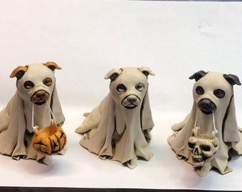 Neil Eyre Artist EyreDesigns Halloween Ghost Sheet Skull Skeleton Pumpkin Staffordshire Bull Terrier SBT Blue Red dog K9 puppy HANDMADE USA