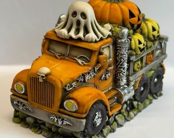 Neil Eyre Haunted Halloween Horror Skeleton Ghost Yellow Orange Pumpkin Patch Dump Truck Skull Body Head USA Handmade USA Signed Numbered