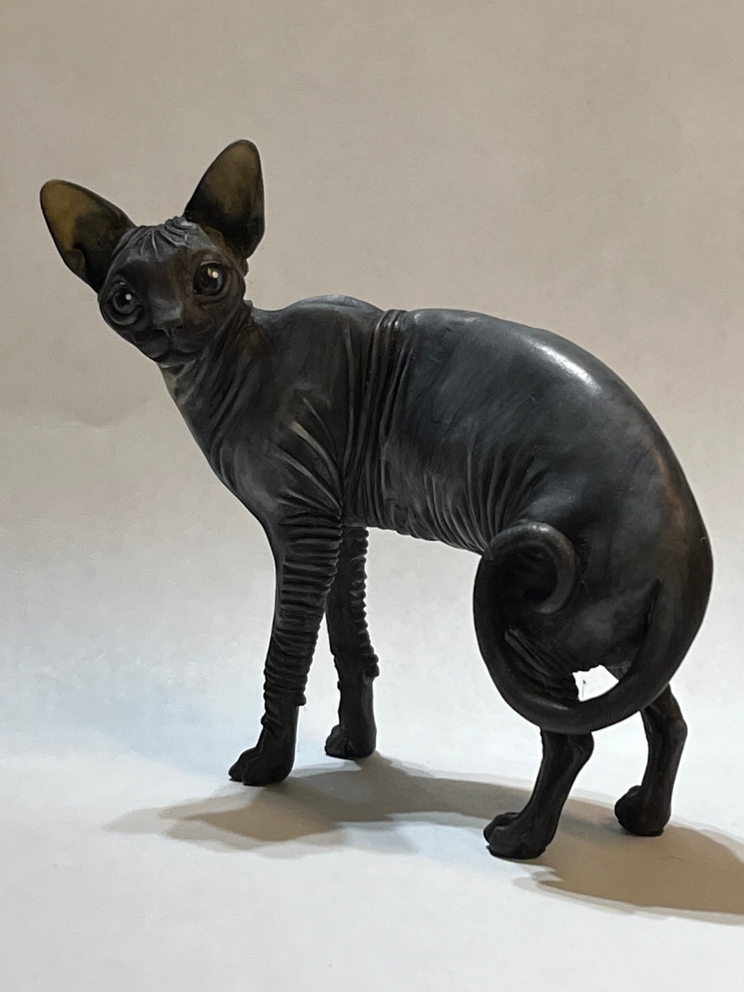 Artist Neil Eyre Eyredesigns Sphynx Cat Kitten Kitty Hairless Sleek Black  Beauty Blue Eyes Standing Hand Made USA Sculpture Limited Edition - Main Image