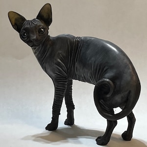 Artist Neil Eyre Eyredesigns Sphynx Cat Kitten Kitty  Hairless Sleek Black Beauty Blue Eyes Standing Hand made USA Sculpture Limited Edition
