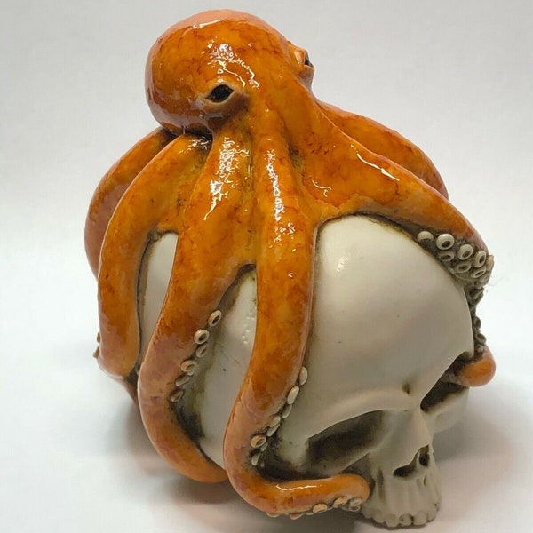 Artist Neil Eyre Eyredesigns Sealife Ocean Octopus Orange On SKull Sculpture made USA Limited Edition Signed numbered