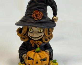 Neil Eyre Designs 2026 Halloween Horror Haunted Witch Hat Ghost Rag Doll Girl Pumpkin Patch Gothic Witch Dress Rose Signed & Numbered
