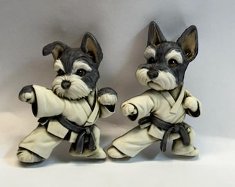 Neil Eyre Eyredesigns Karate Gee Black White Salt Pepper Schnauzer set 2 Dog Canine Pet Magnet Handmade USA Signed and Numbered
