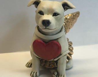 Neil Eyre Artist EyreDesigns Valentine Staffordshire Bull Terrier SBT Heart Angel Wings White Blue Red Black Brindle Dog puppy HANDMADE USA