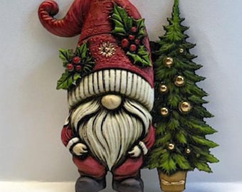 Neil Eyre Eyredesigns Gnome Gonk Christmas Santa Claus Tree Gold Leaf accents Holly Ivy Berries made USA Signed Numbered Magnet
