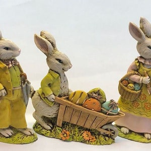 Artist Neil Eyre Eyredesigns Easter bunny rabbit figurine Cart Egg Spring Garden Flower set of 3 LE of 22 sets