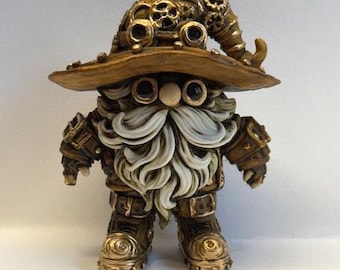 Artist Neil Eyre Eyredesigns 2025 Traveling Gnome Gonk Steampunk Steam Punk Nautical Goggles Gears Gold Leaf Hand made USA