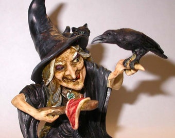 Neil Eyre Eyredesigns Halloween wicked kitchen witch Cloak Black Raven Crown Raw Steak  Black Cat Kitty Kitten figurine Limited Edition