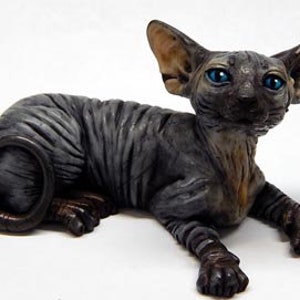 Artist Neil Eyre Eyredesigns Sphynx Cat Kitten Kitty Black Blue Grey Blue Eyes Laying Fully Hand made USA Sculpture Limited Edition Signed