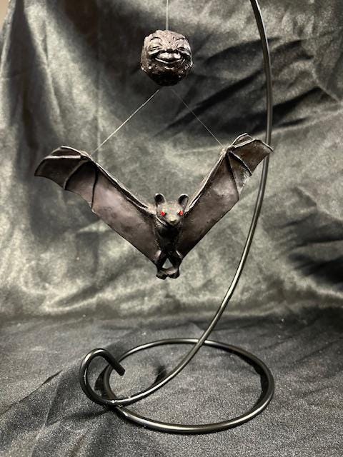 Artist Neil Eyre Eyredesigns Halloween Flying Black vampire fruit bat Wing Large Ornament Hanging Moon Red Crystal Eyes Display 11" tall