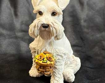 Neil Eyre Artist EyreDesigns  White Schnauzer Spring Daffodil Flower Basket Dog Flop Fold Ear Puppy Canine HANDMADE USA signed numbered