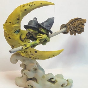 Neil Eyre Eyredesigns Halloween Flying Witch Hat Tree Frog Frogs Toad Toads Broomstick Moon Face Clouds Limited Edition handmade USA