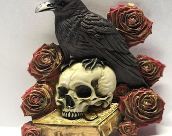 Neil Eyre Eyredesigns Halloween Ghostly Raven Crow Red Roses Gold Leaf accents Reading Book Handmade MAGNET USA Signed and Numbered