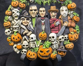 Neil Eyre Artist Eyre Designs Halloween Haunted Monster Dracula Witch Frankenstein Mummy Freddy Krueger Jason Pumpkin Patch Wreath Made USA