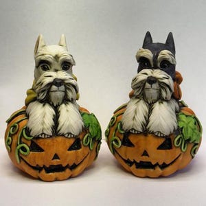 Op de afbeelding: Twee witte keramische beeldjes van schnauzerhonden die op oranje jack-o'-lantern pompoenen zitten met groene ranken.