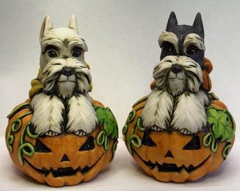 Neil Eyre Artist EyreDesigns Black White Schnauzer Halloween Pumpkin Patch Bandanna Dog Pup Puppy K9 canine HANDMADE USA signed & numbered