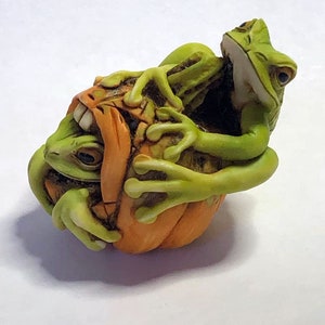 May include: Two green frogs clinging to a small orange pumpkin. The frog on top has its arms wrapped around the pumpkin, while the frog on the bottom has its head inside the pumpkin.