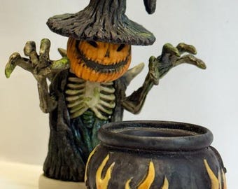 Neil Eyre Eyredesigns Halloween Haunted Pumpkin Spooky Witch Reaper Ghoul Trick or Treat 3D Figurine Cauldron LED Light made USA Signed #'d