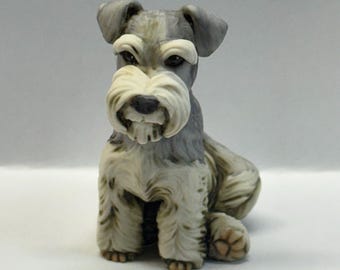 Neil Eyre EyreDesigns Schnauzer Dog Grey White Salt Pepper Flop Fold Ear Ears Pup Puppy Canine HANDMADE USA signed #'d Ornament Figurine