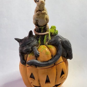 Neil Eyre Eyredesigns Halloween Pumpkin Jack o lantern Black Cat Frog Frogs Mice Mouse Trinket Box Handmade USA