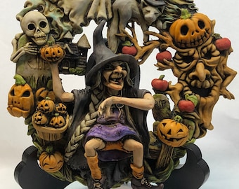 Neil Eyre Artist Eyre Designs Halloween Haunted Tree Wreath Witch Hat Apple Tree Ghost Vampire Bat Cat Skeleton graveyard  USA MADE To Order