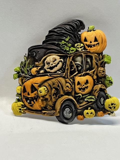 Neil Eyre Eyredesigns Halloween sorcière chapeau noir monstre voiture vieille voiture citrouille citrouilles patch goules aimant fait main USA signé et numéroté