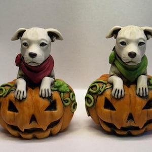 May include: Two ceramic dog figurines, each perched atop a carved orange pumpkin. One dog wears a red scarf, the other a green scarf. The pumpkins have green vines and carved faces, perfect for Halloween decor.