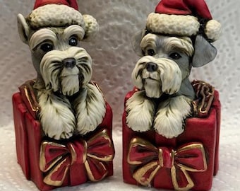 Neil Eyre Artist EyreDesigns Schnauzer Christmas Gift Present Fold Flop Cropped Ear Dog Pup Puppy K9 canine Grey Red Bow Santa Hat