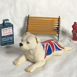 Neil Eyre Artist EyreDesigns Staffordshire Bull Terrier SBT K9 Canine Dog White figurine UK British England FLAG hand painted Handmade usa