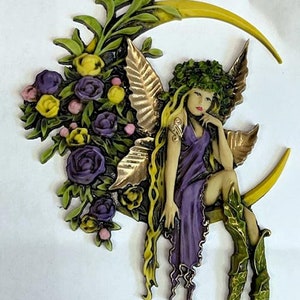 Neil Eyre Eyredesigns Halloween Fairy Faerie Realm Garden Flower Flowers Crescent Moon Gold Leaf Made Large Magnet USA