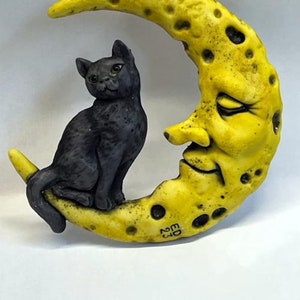 Neil Eyre Eyredesigns Cat Kitten Kitty Black Crescent Half Moon Yellow Magnet  Handmade USA Signed and Numbered