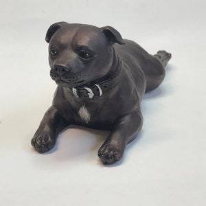 Neil Eyre Artist EyreDesigns Staffordshire Staffy Bull Terrier dog K9 puppy SBT collar Black brindle Laying HANDMADE USA signed & numbered