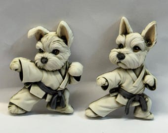 Neil Eyre Eyredesigns Karate Gee White Schnauzer set 2 Dog Canine Pet Magnet Handmade USA Signed and Numbered