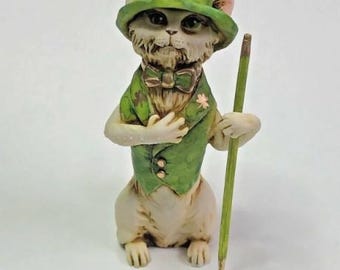 Neil Eyre Designs St. Patrick’s Day Cat Kitten Feline Green Tuxedo Top Hat Tails gold leaf Shamrocks Walking Stick Signed Numbered made USA