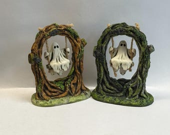 Neil Eyre Designs 2026 Halloween Haunted Tree Stump with Floating Ghost on Swing Swinging Dangling Always Handmade USA Signed and Numbered