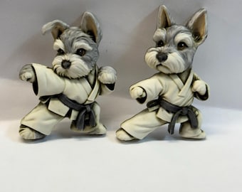 Neil Eyre Eyredesigns Karate Gee Grey Salt Pepper Schnauzer set 2 Dog Canine Pet Magnet Handmade USA Signed and Numbered