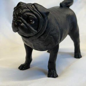 Puede incluir: Figura de pug negro con cola corta, de pie sobre una superficie blanca. La figura está hecha de un material negro liso y tiene un aspecto realista.