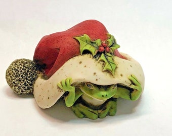 Artist Neil Eyre Eyredesigns Christmas Santa Hat Tree Frog Toad Holly Ivy tree ornament or figurine Handmade USA
