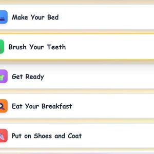 Op de afbeelding: Een digitale afbeelding met vijf witte rechthoekige vakken met afgeronde hoeken, elk met een ander pictogram en tekst. De tekst bevat "Make Your Bed", "Brush Your Teeth", "Get Ready", "Eat Your Breakfast" en "Put on Shoes and Coat".