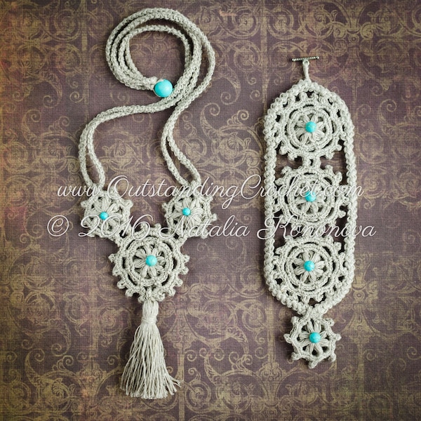 Gehäkelte Armband-Halsketten SET MUSTER - Mittelalter Schmuck - Perlen Handgelenk Armreif, Quasten-Halskette - Boho Chic, Festival - Stickmuster - PDF